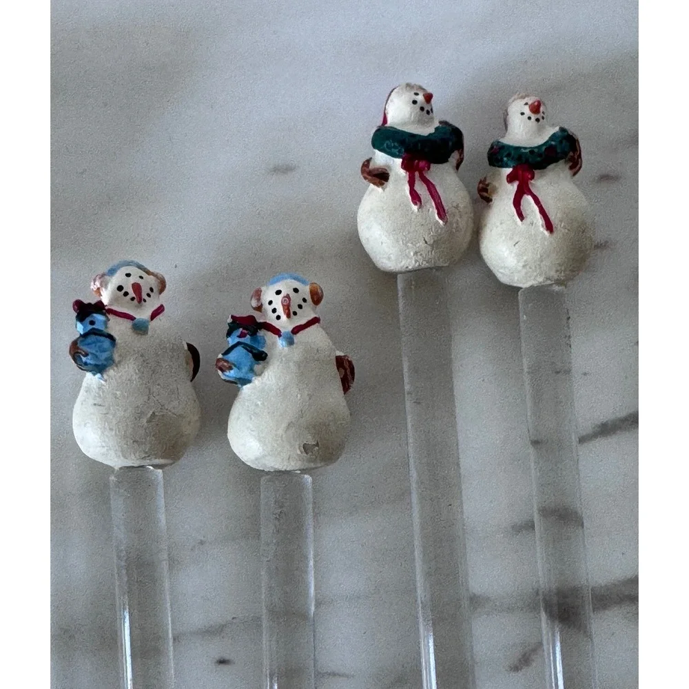 Vintage Snowman and Christmas Tree Glass Swizzle Sticks Set 12Holiday Stirrers